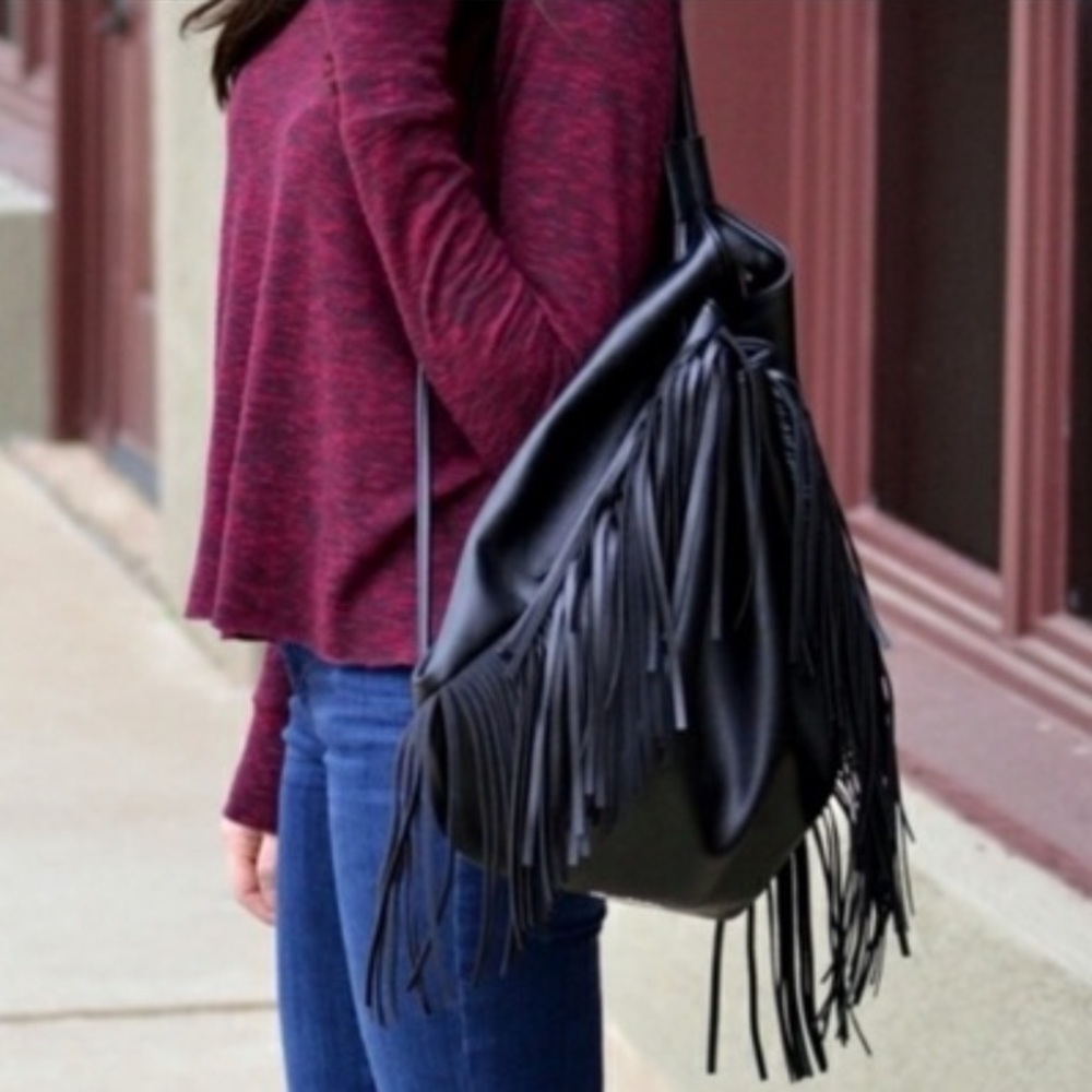 Victoria Secret Black Faux Leather Fringe Boho Drawstring Backpack Bag